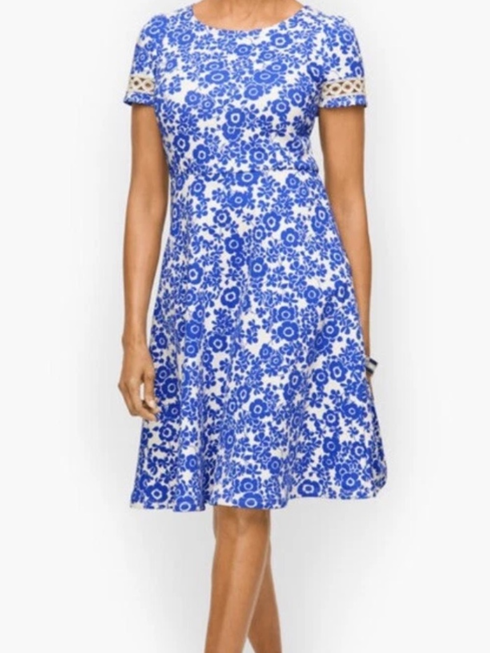 Talbots Dress Womens MP Medium Petite Blue White Floral Crochet Vacation Wedding